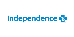 The logo of Independence Blue Cross displays the word "Independence" in blue text next to a blue cross symbol featuring a stylized human figure within a shield. Set against a white background, it represents their health insurance service in New Jersey.