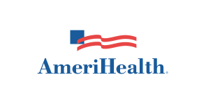 Logo of AmeriHealth featuring a blue square with three red wavy lines to its right, resembling a stylized flag, above the text "AmeriHealth" in blue, representing a trusted health insurance service in NJ.