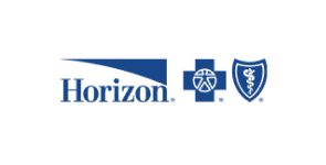 Logo of Horizon Blue Cross Blue Shield, showcasing their expertise as a health insurance specialist in NJ, with a stylized blue horizon line on the left, a blue cross symbol in the center, and a blue shield with a white staff and serpent on the right.