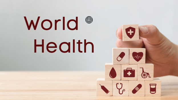 A hand stacking wooden blocks with health-related icons, such as a cross, pills, heart, blood drop, and wheelchair, evokes the comprehensive support of a health insurance broker in New Jersey. The text "World Health" is displayed on the left against a plain background.