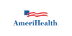 AmeriHealth logo featuring a blue square with a white star and three red wavy lines resembling a flag above the blue text "AmeriHealth" on a light background.